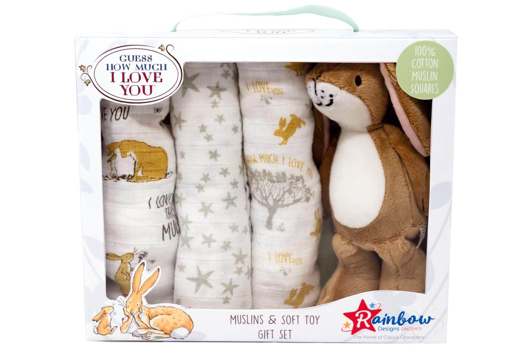 Guess How Much I Love You Soft Toy with Muslin Gift set Rainbow